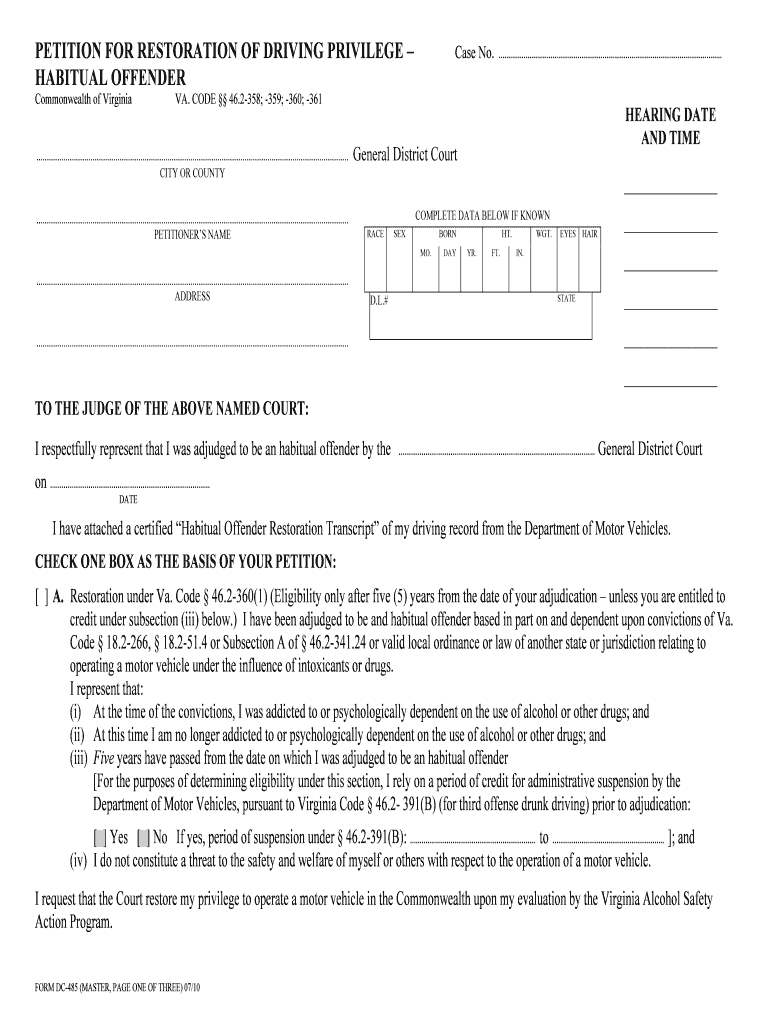 46 2 358 Restoration of Privilege of Driving Motor Vehicle  Form