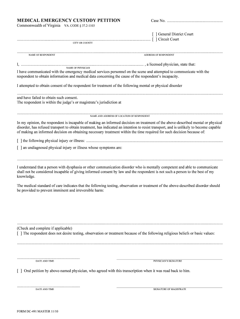 37 2 1103 Emergency Custody Orders for Adult Persons Who  Form