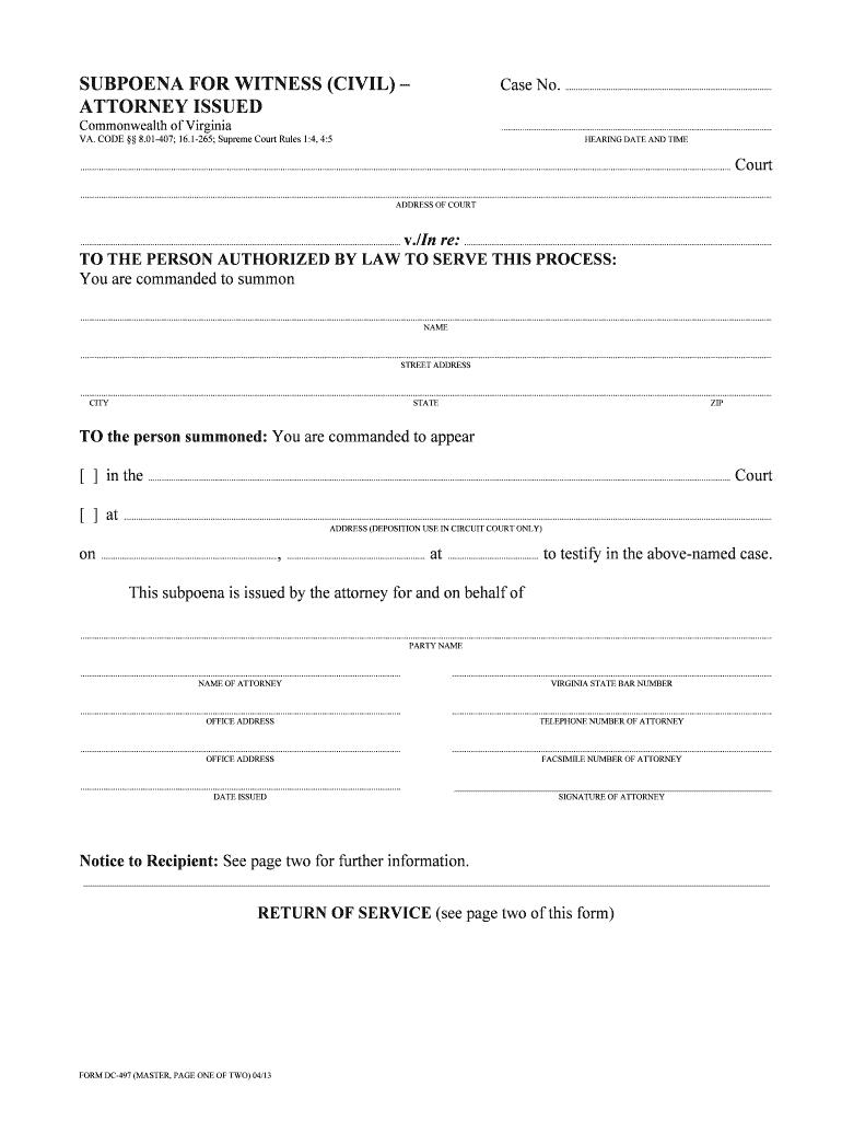 SUBPOENA for WITNESS CIVIL  Form