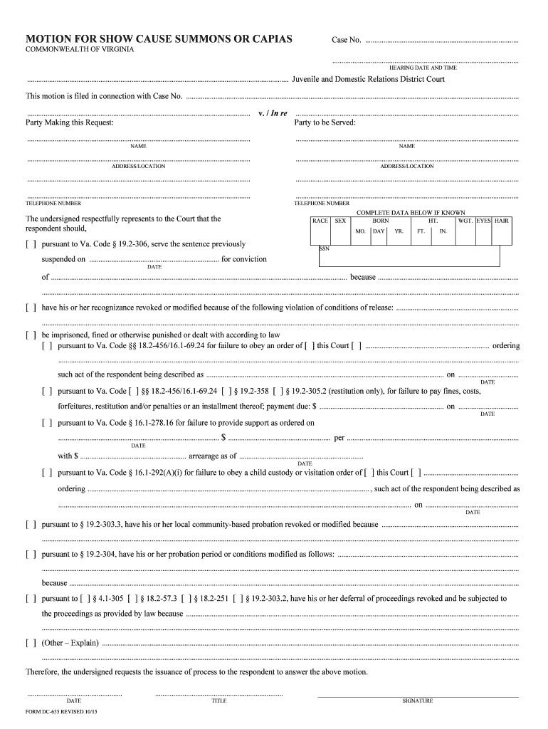 Form DC 635 MOTION for SHOW CAUSE SUMMONS or