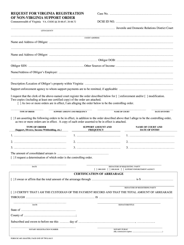 REQUEST for VIRGINIA REGISTRATION of a CHILDCase No  Form