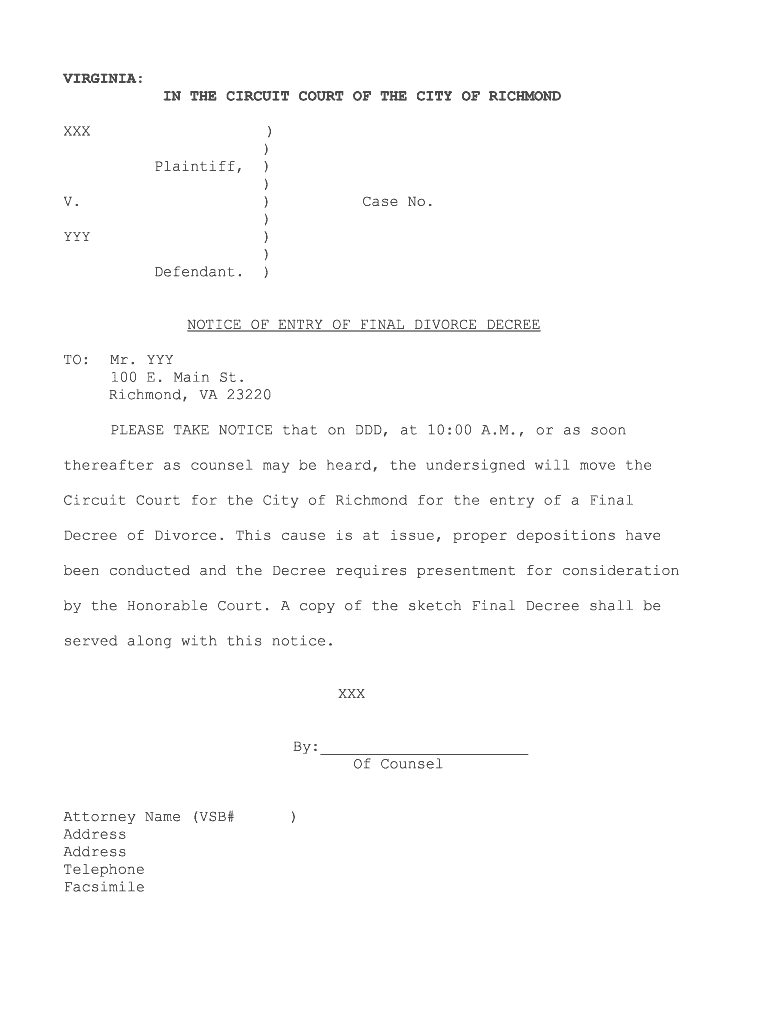 VIRGINIA in the CIRCUIT COURT of the CITY of AWS  Form