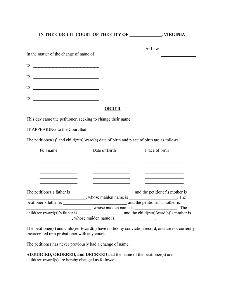 Order for Name Change City of Chesapeake, Virginia  Form