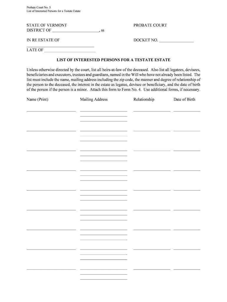 List of Interested Persons for a Testate Estate  Form