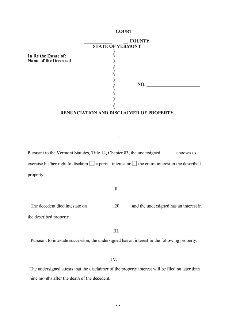 Pursuant to the Vermont Statutes, Title 14, Chapter 83, the Undersigned,  Form