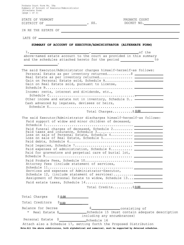 Probate Court Form No 56a Summary of Account of Executor