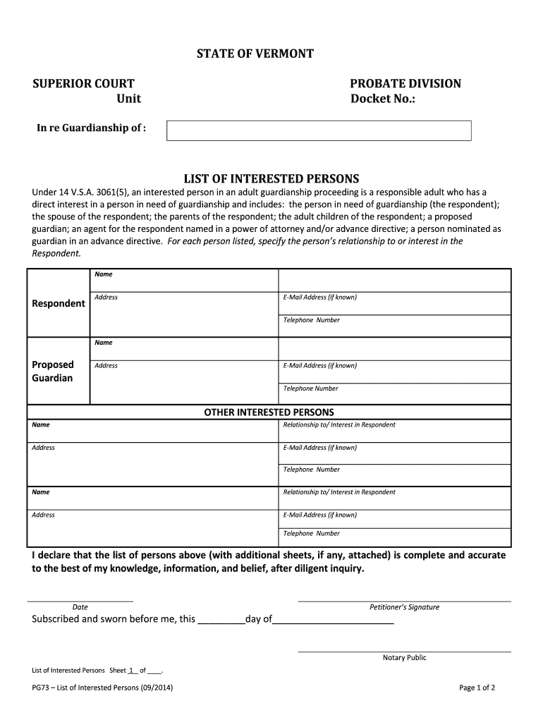 List of Interested Persons for Guardianships Vermont Judiciary  Form