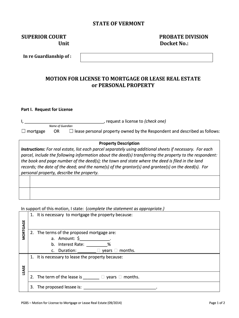 Form PG 85 Motion for License to Mortgage or Lease Real