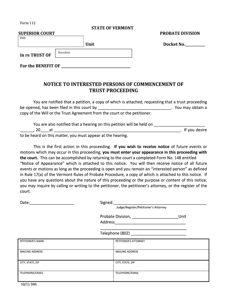 NOTICE to INTERESTED PERSONS of COMMENCEMENT  Form