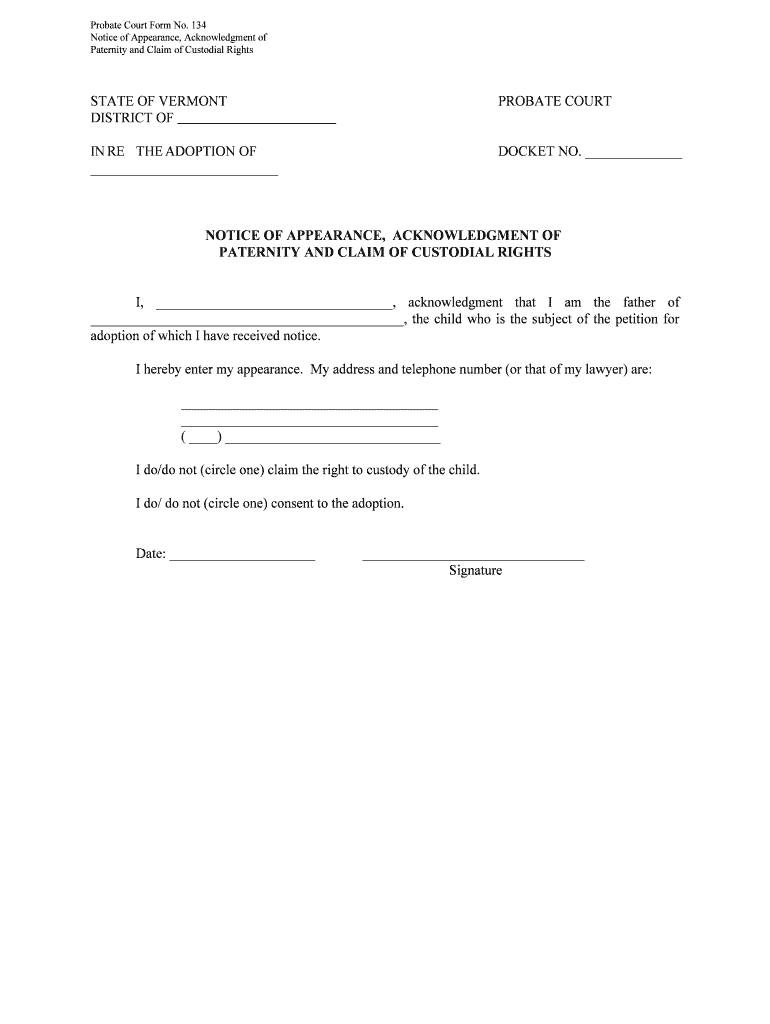 Notice of Appearance, Acknowledgment of  Form