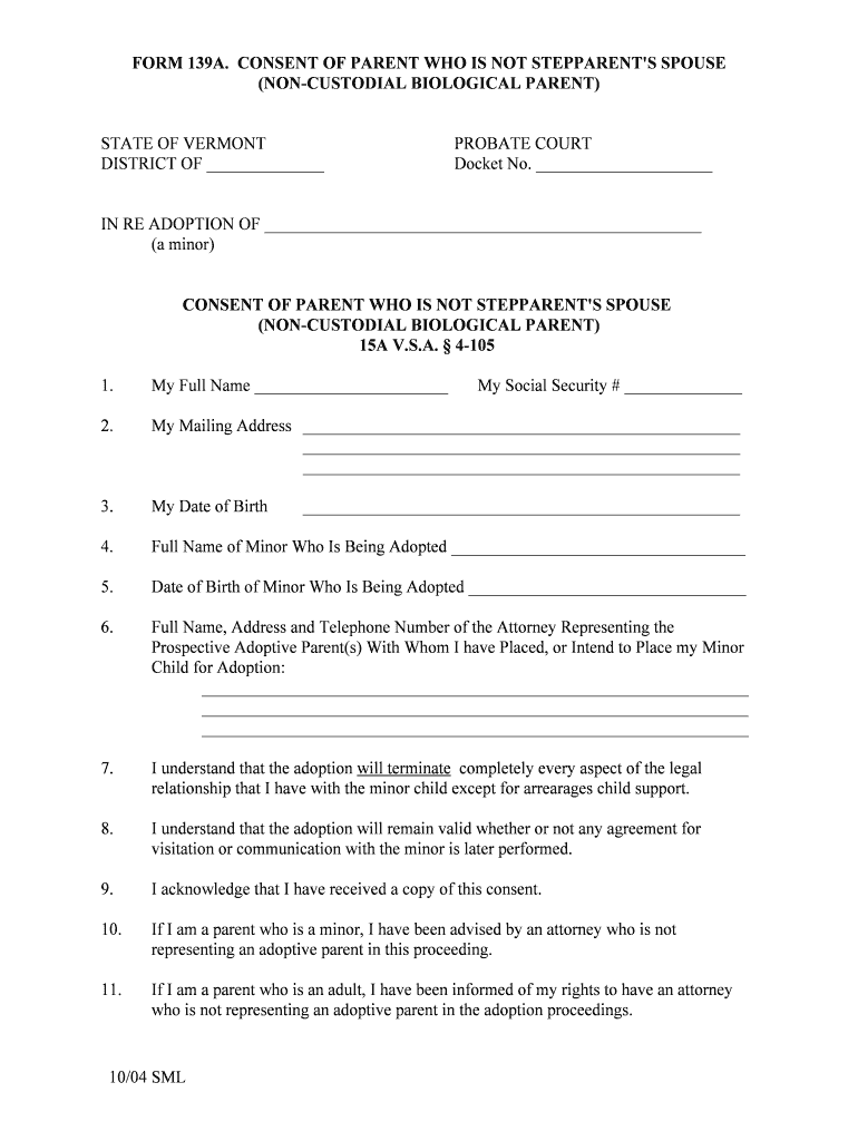 Consent of Parent Who is Not Stepparents Spouse PC 139A  Form