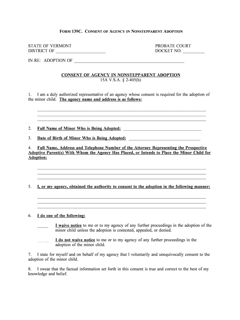 FORM 139C CONSENT of AGENCY in NONSTEPPARENT ADOPTION