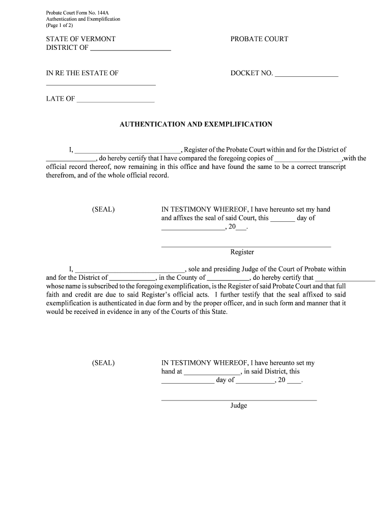Fillable Online Vermontjudiciary 144A Authentication and  Form