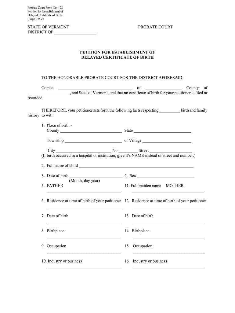 Petition for Establishment of Delayed Certificate of Birth  Form