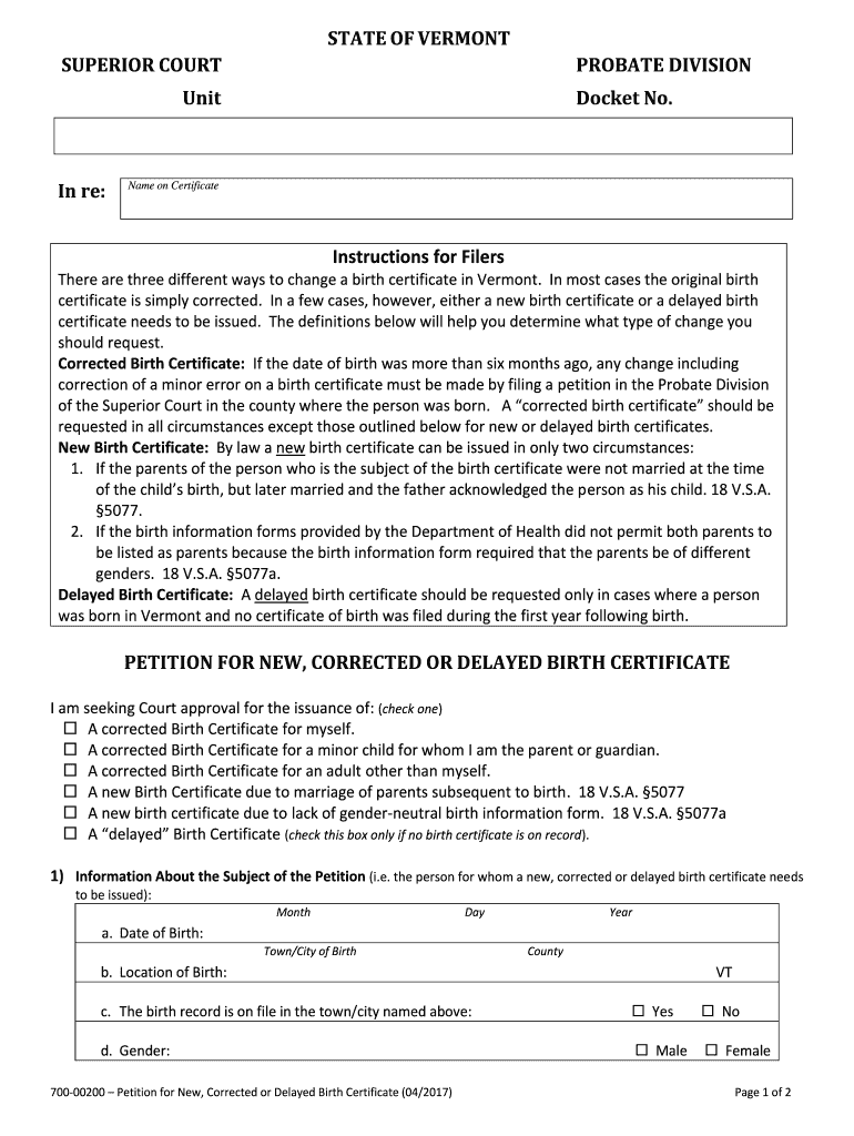 Fill and Sign there Are Three Different Ways to Change a Birth Certificate in Vermont Form