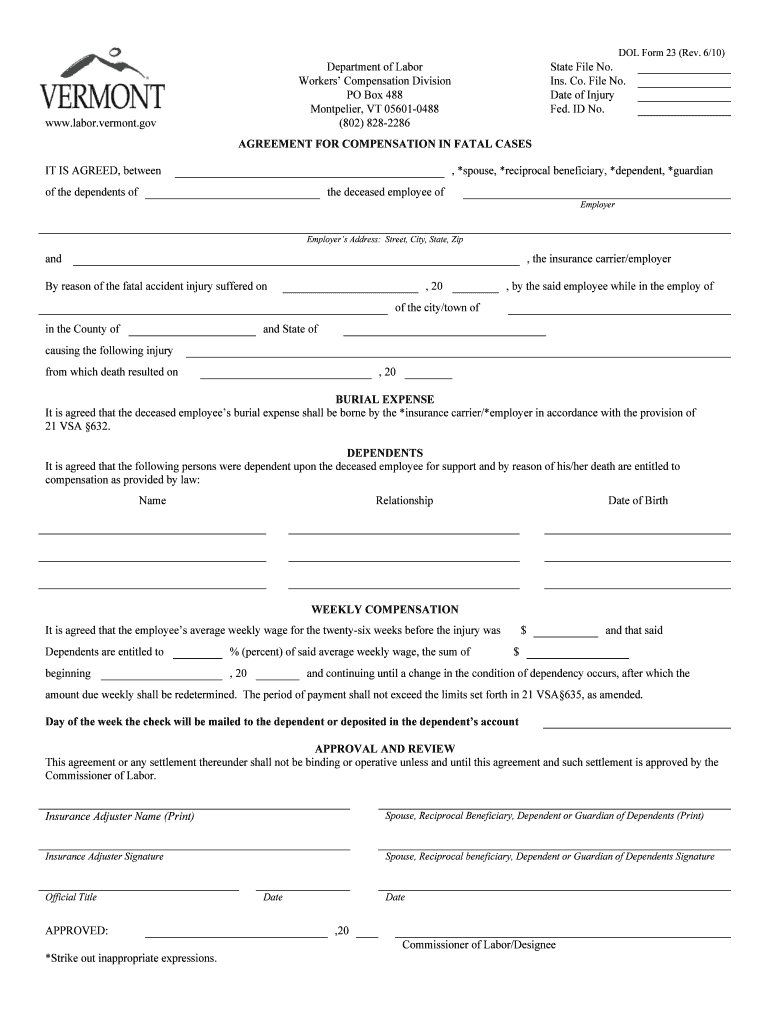 DOL FORM 25 Rev 913 STATE of VERMONT Department