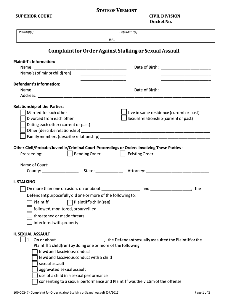 Form 100 00247S Complaint for Order Against Stalking Vermont