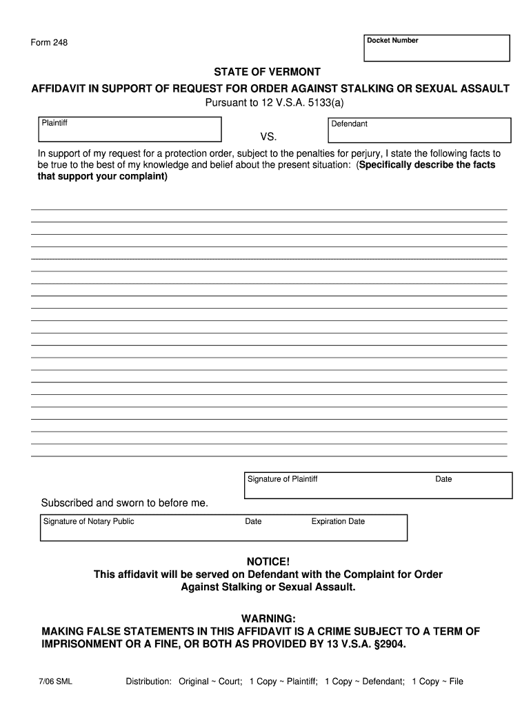 AFFIDAVIT in SUPPORT of REQUEST for ORDER AGAINST STALKING or SEXUAL ASSAULT  Form