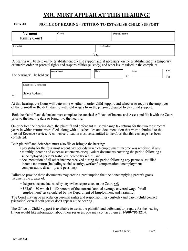 NOTICE of HEARING PETITION to ESTABLISH CHILD SUPPORT  Form