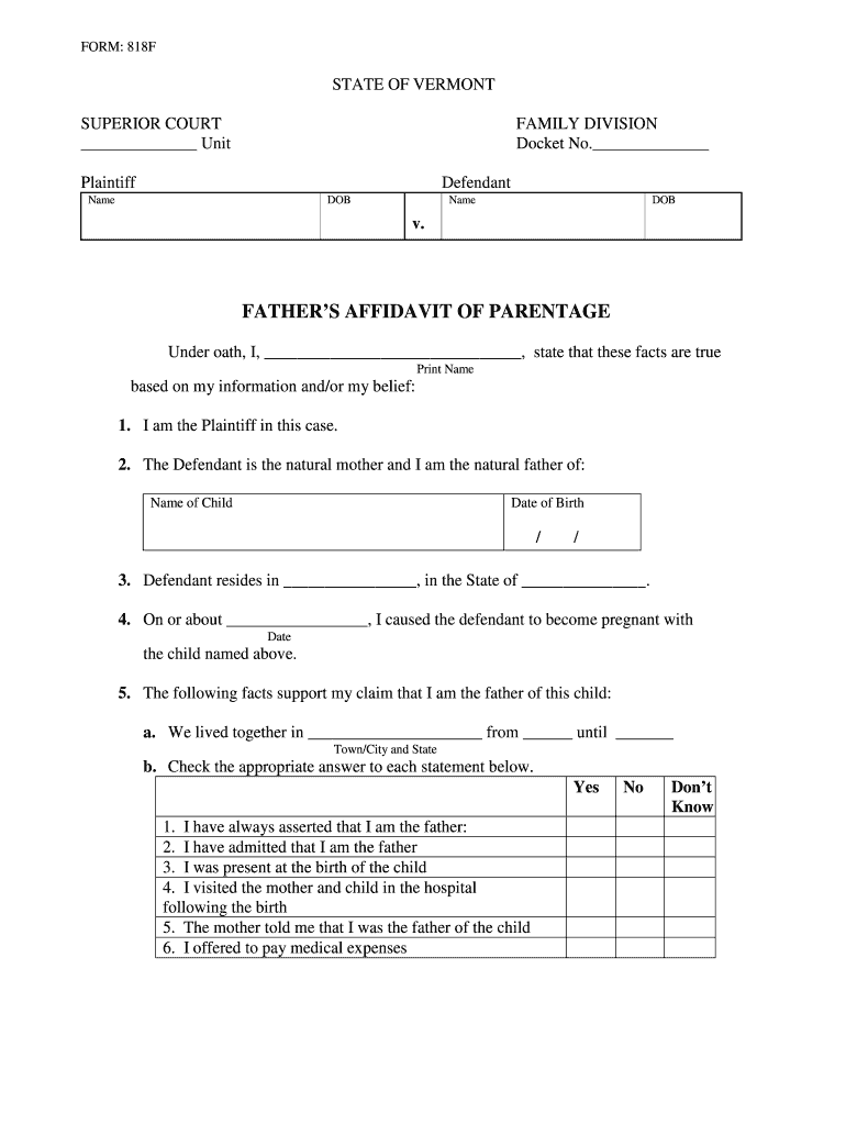 Father's Affidavit of Parentage Vermont Judiciary  Form