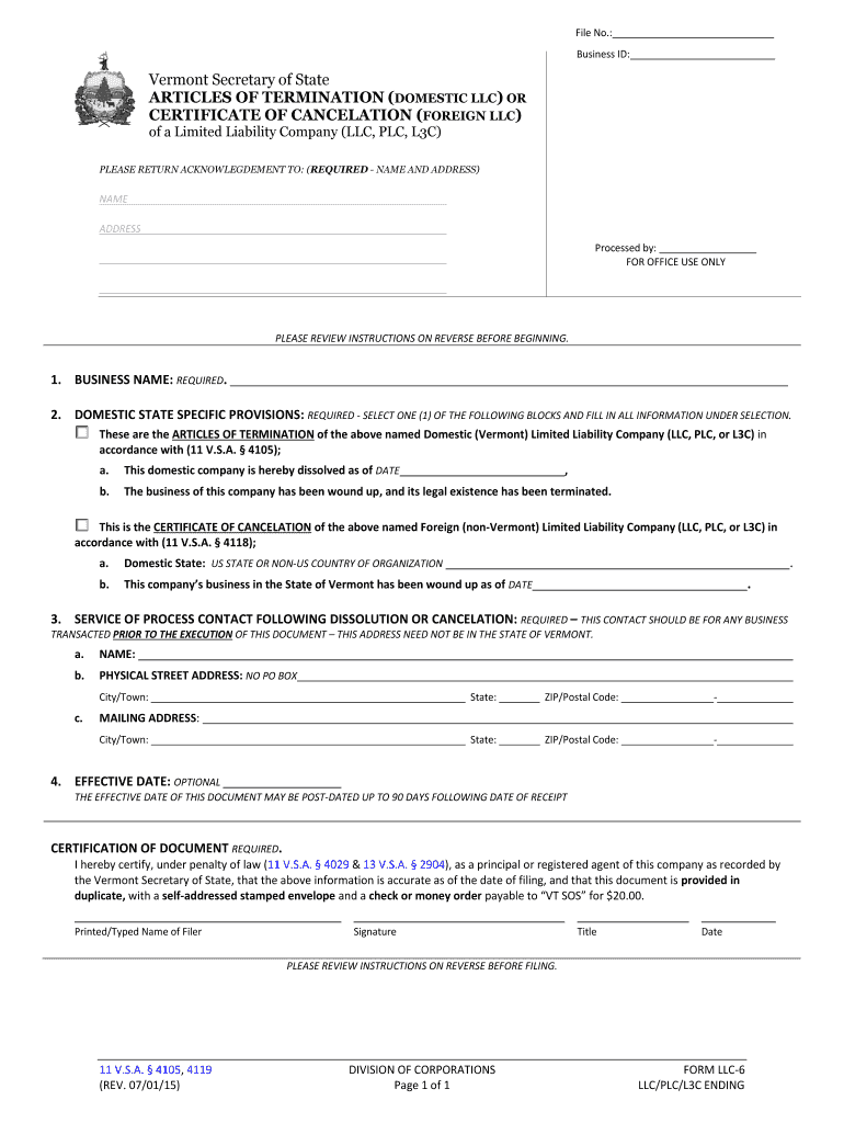 Articles of Termination or Certificate of Cancelation  Form