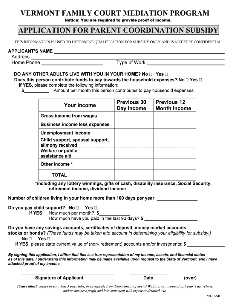 Subsidy Application Mediation Vermont Judiciary  Form