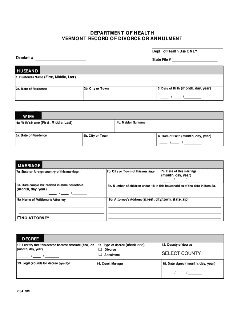 VERMONT RECORD of DIVORCE or ANNULMENT  Form