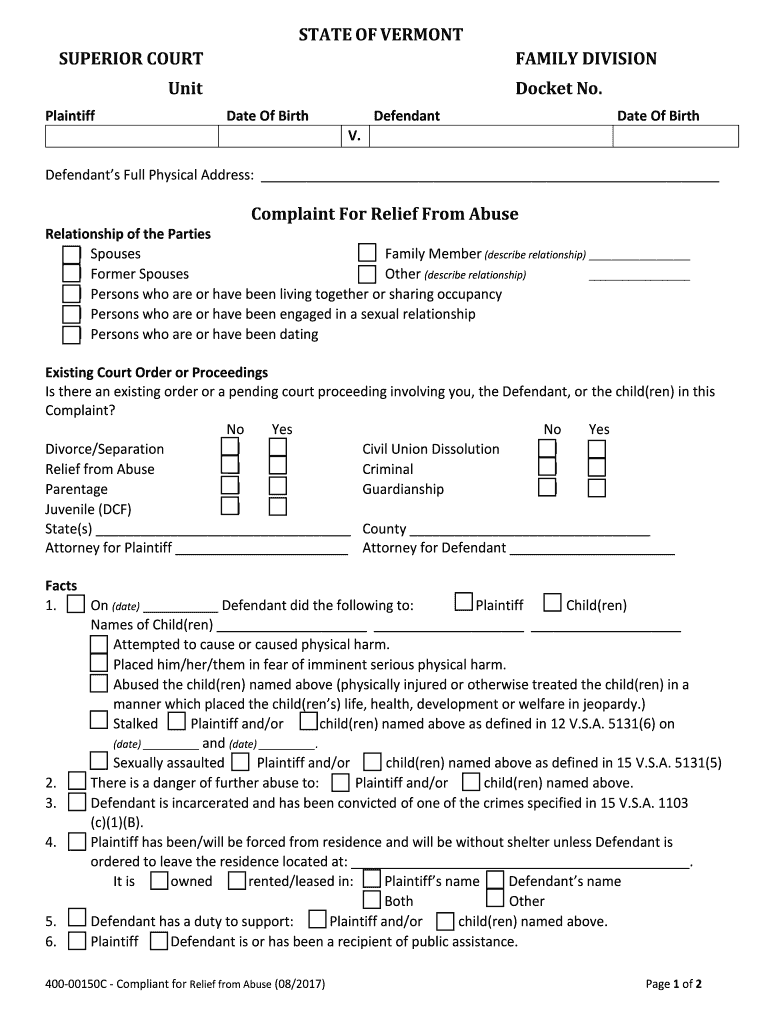 Fillable Online Complaint for Relief from Abuse Fax Email  Form