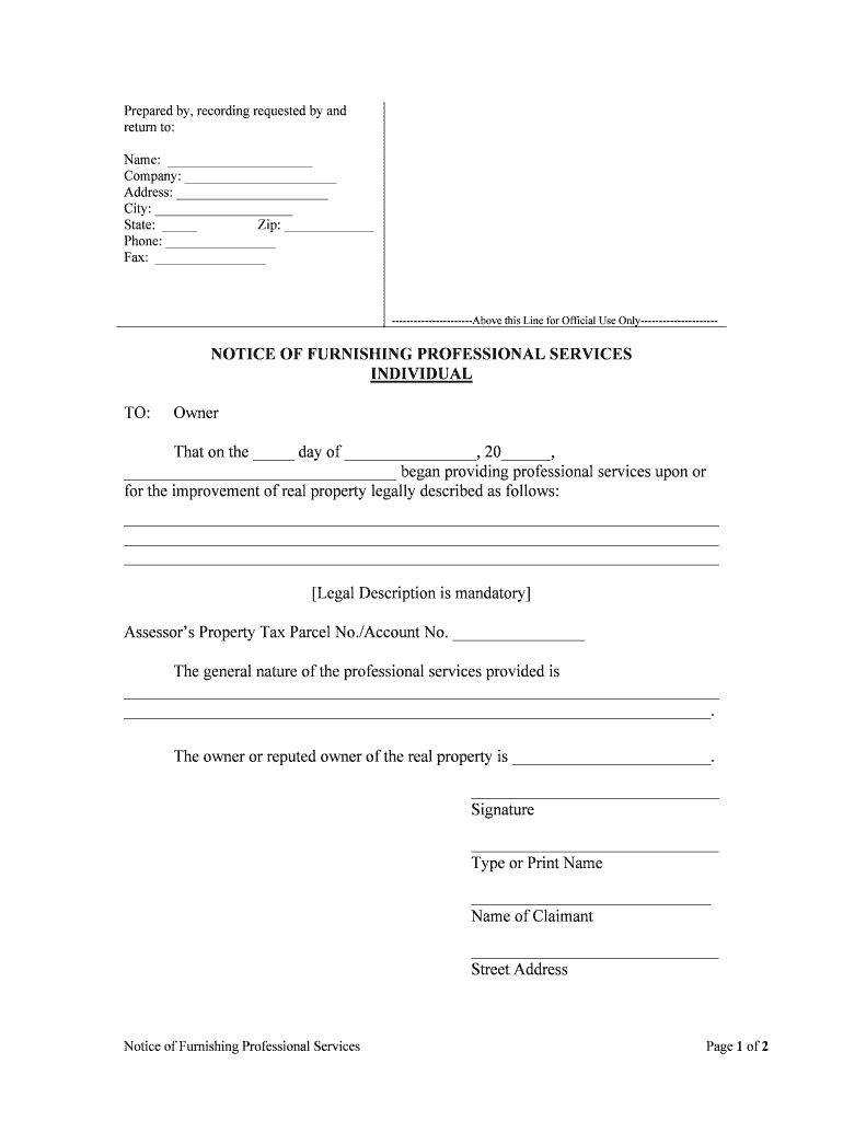 NOTICE of FURNISHING PROFESSIONAL SERVICES  Form