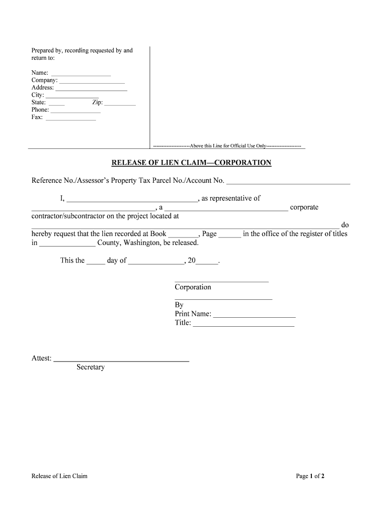 RELEASE of LIEN CLAIMCORPORATION  Form