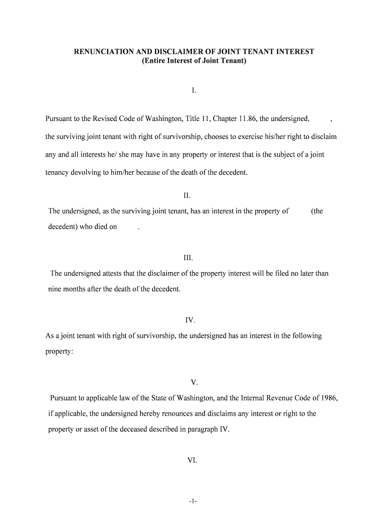 Washington Renunciation and Disclaimer of Joint Tenant or  Form