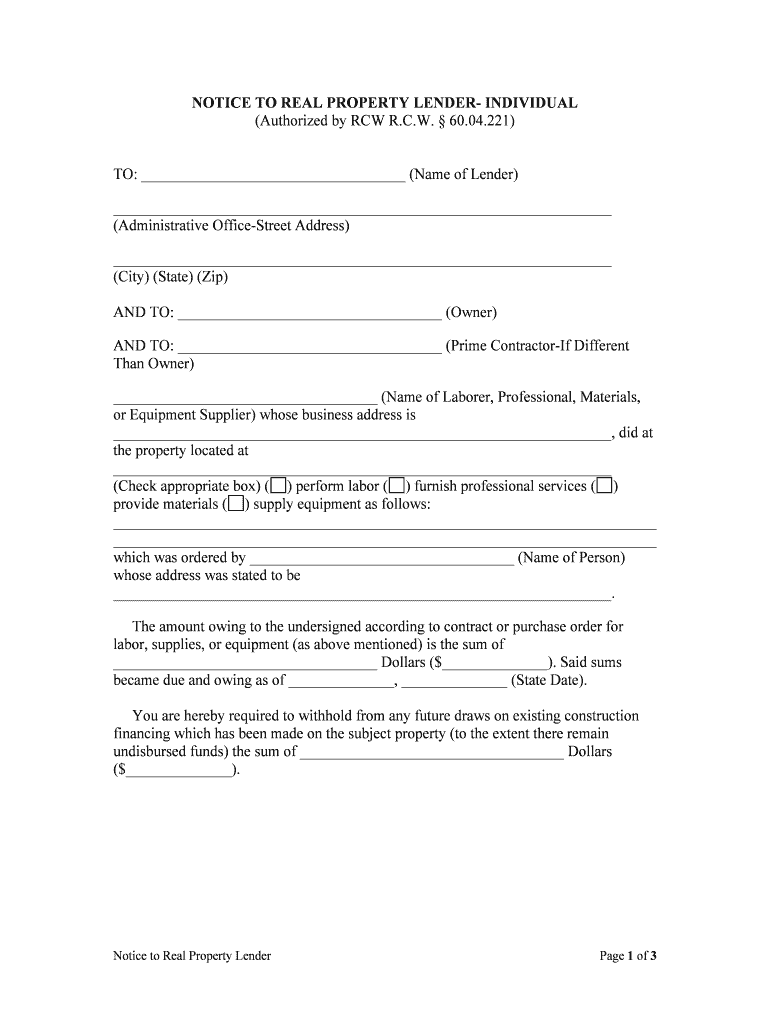 NOTICE to REAL PROPERTY LENDER INDIVIDUAL  Form