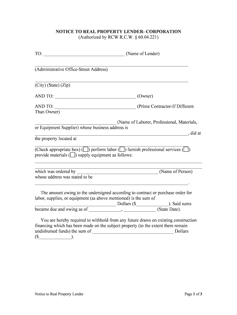 RCW 60 04 221 Notice to LenderWithholding of Funds  Form