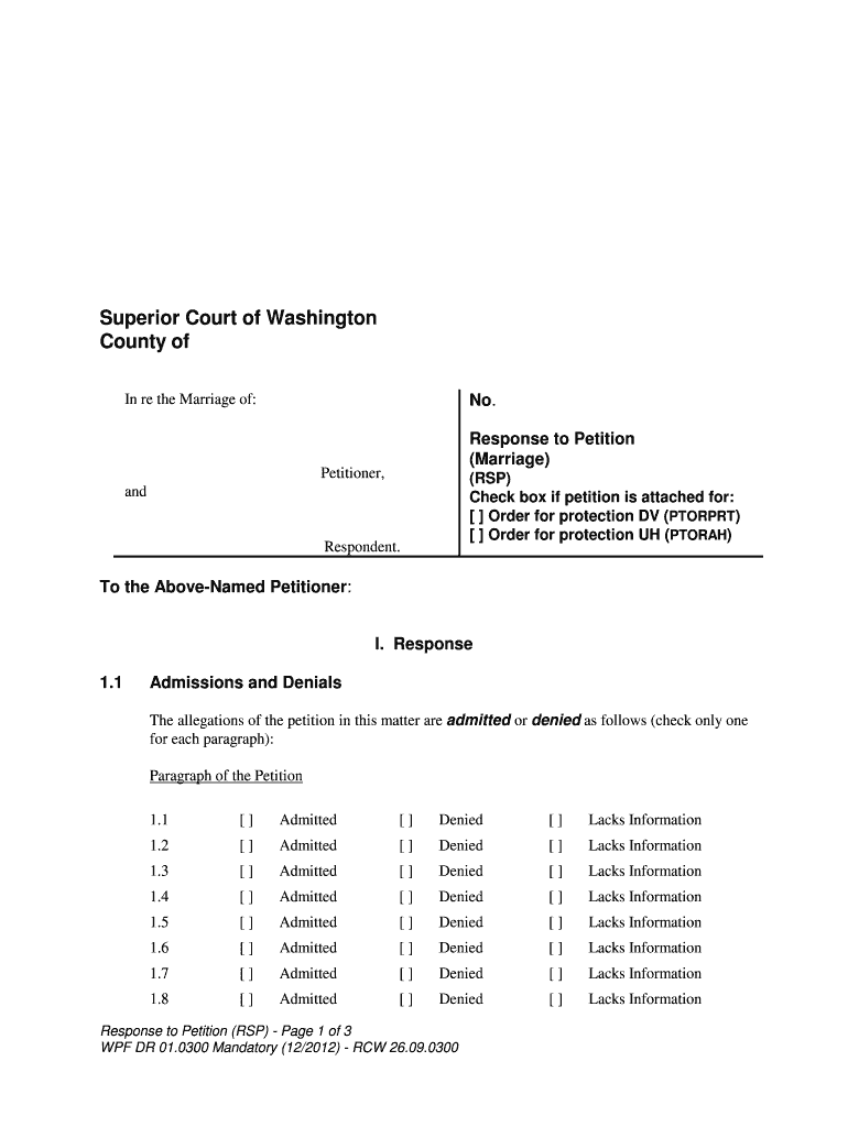 Response to Petition About a Marriage Washington  Form