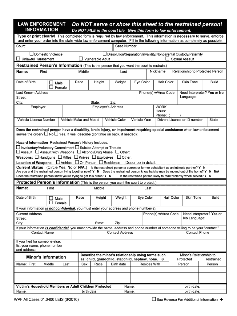 LAW ENFORCEMENT Do NOT Serve or Show This Sheet to the  Form