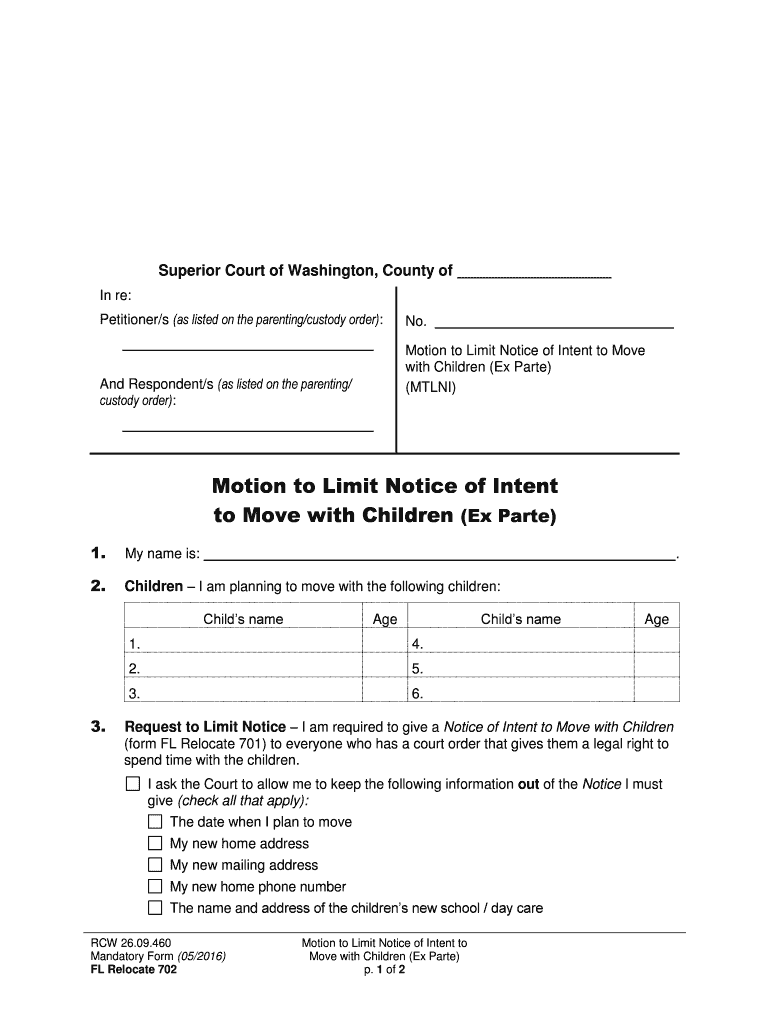 Form FL Relocate 702 Motion to Limit Notice of Intent to Move