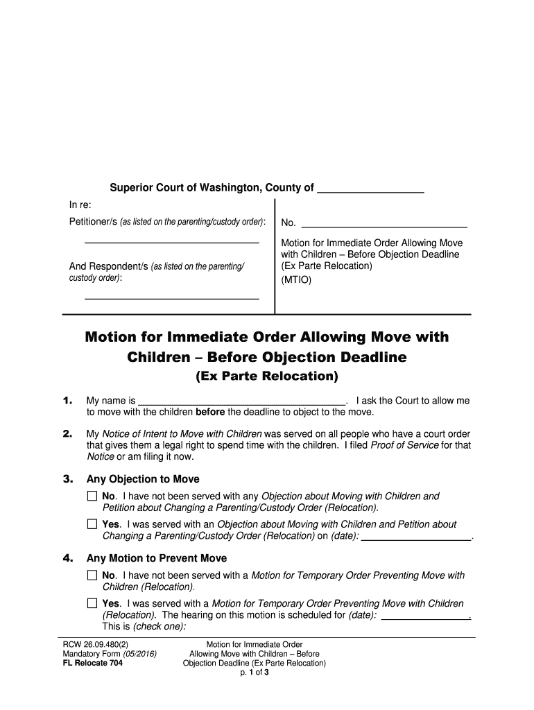 Motion for Immediate Order Allowing Move  Form