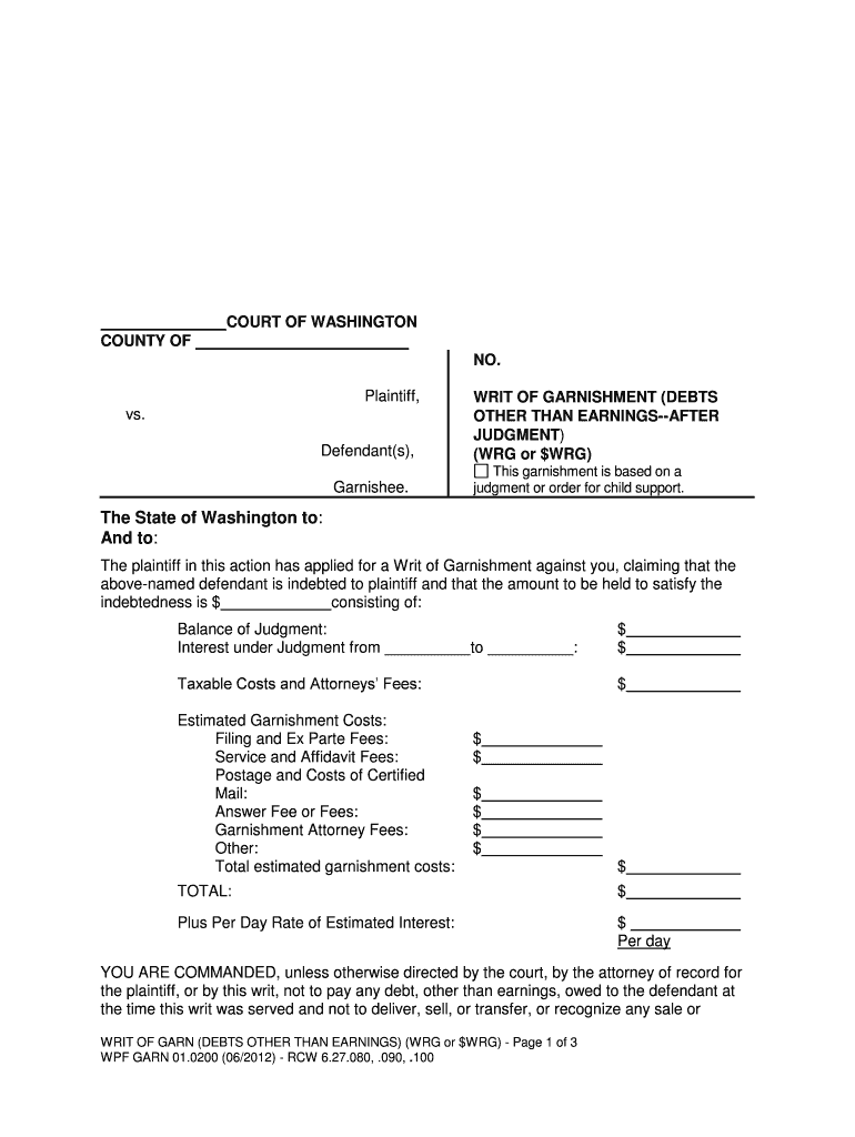 Fillable Online Writ of Garnishment Washington State Courts  Form