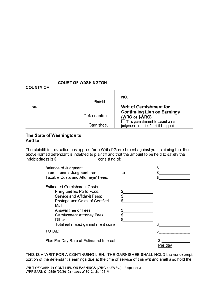 Court of Washington County of Writ of Garnishment for  Form