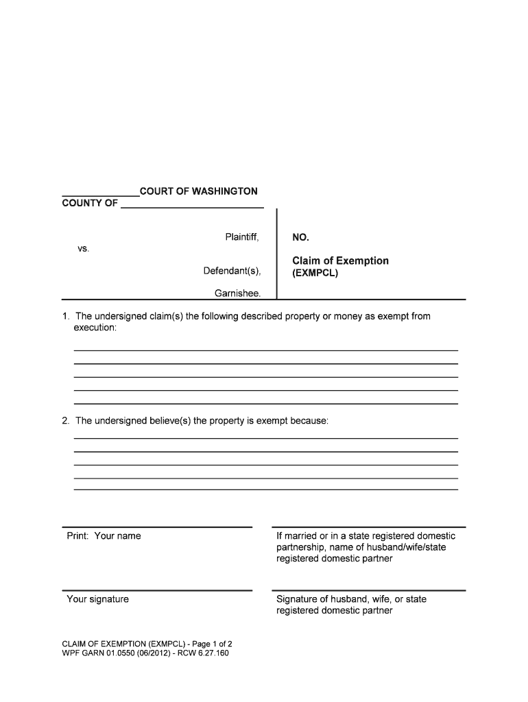 Justia Claim of Exemption Washington Garnishment  Form