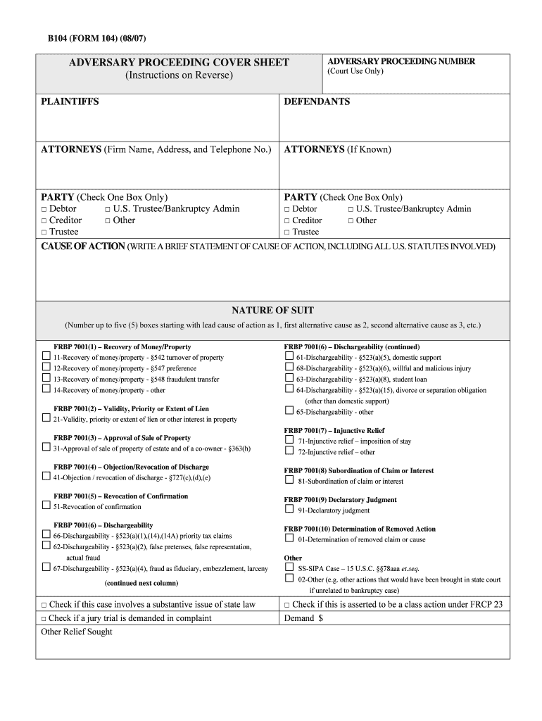 ADVERSARY PROCEEDING COVER SHEET United States  Form