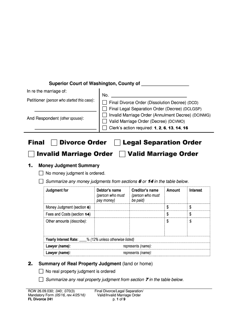 Final Divorce Order Washington State Courts  Form