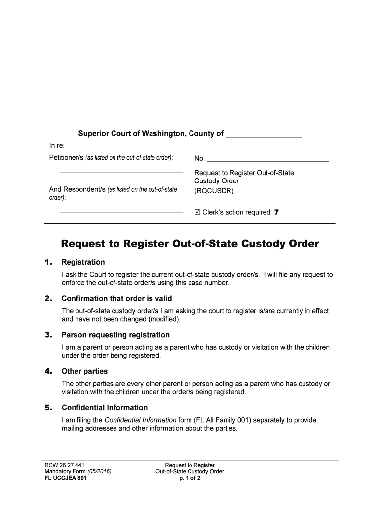 Request to Register Out of State Custody Order Washington  Form