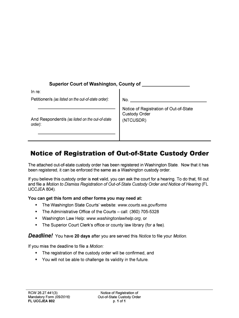Order to Go to Court About Out of State Custody Order  Form