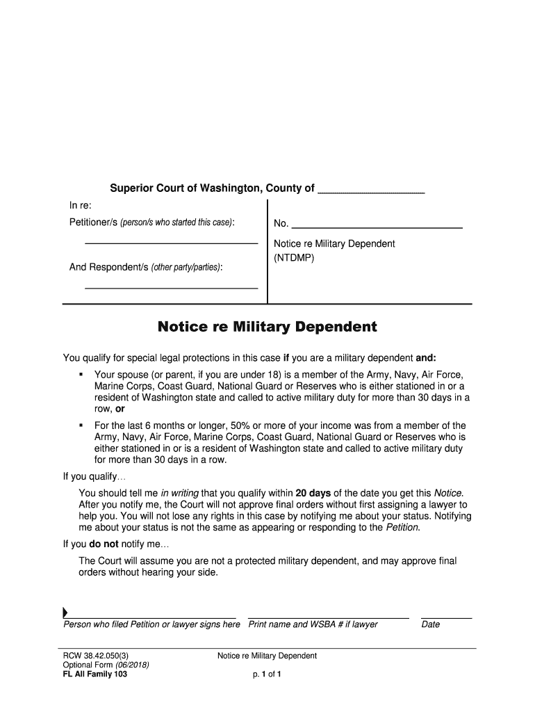 Form FL All Family 103 Notice Re Military Dependent Washington