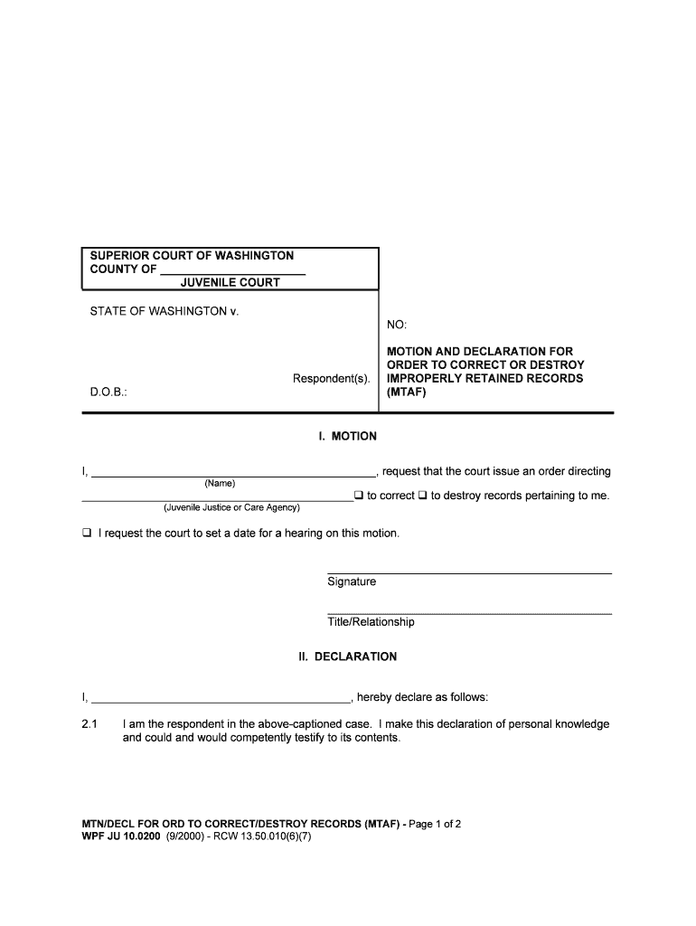 Motion &amp;amp; Decl for Ord to Correct or Destroy Improperly Retained Records  Form