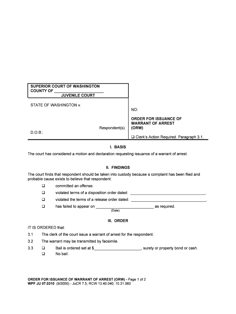 Fill and Sign the Warrant of Arrest Washington State Courts Washington Courts Form