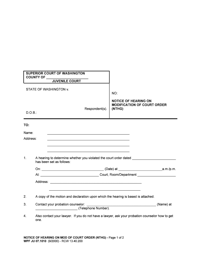 Notice of Hearing on Modification of Court Order Washington  Form