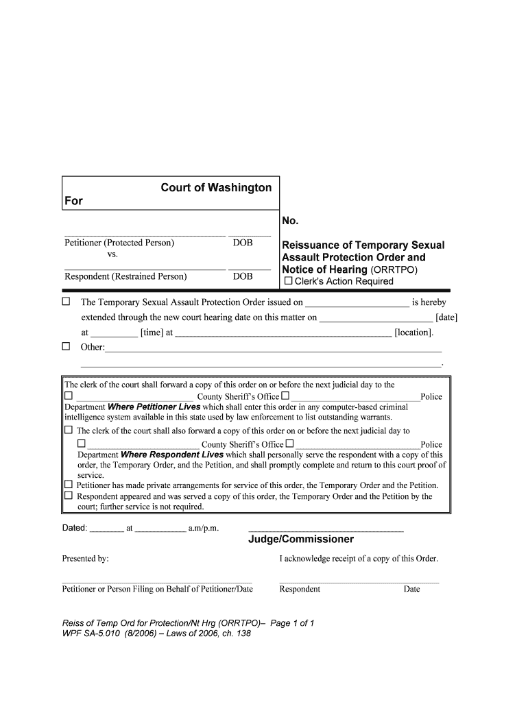 Reissuance Temp Ord for ProtectionNot of Hearing  Form