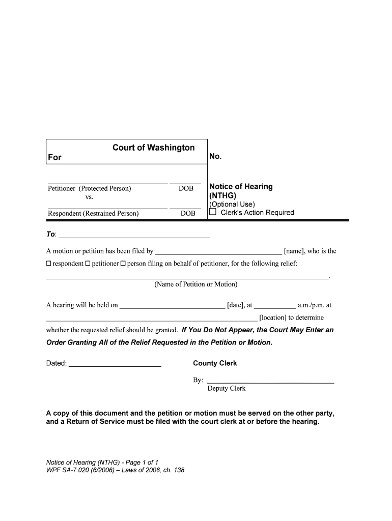 Immediate Restraining Order Ex Parte and Hearing Notice  Form